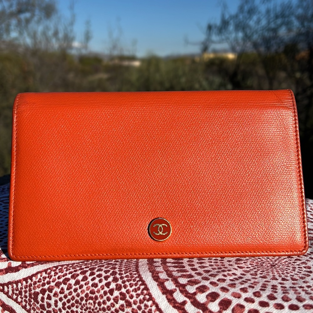 Chanel Bifold Long Orange Leather Wallet